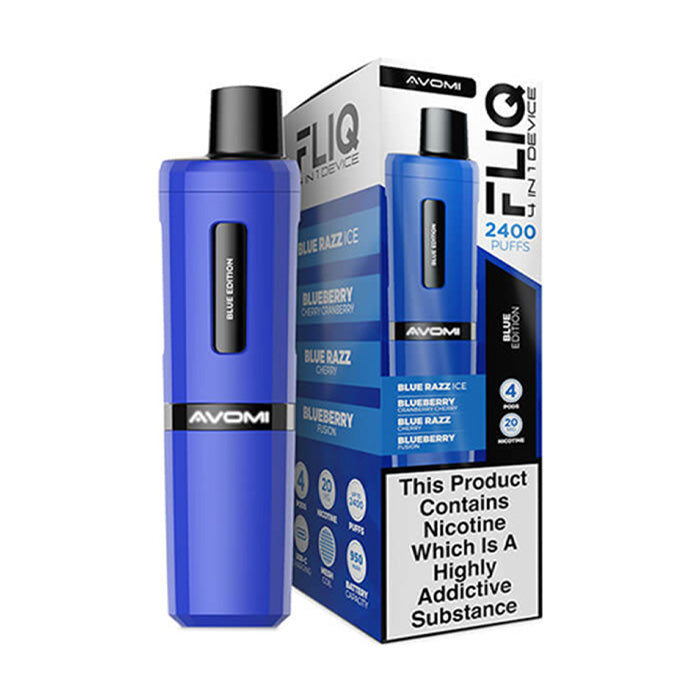 Blue Edition Avomi Fliq 4 in 1 Prefilled Pod Kit and Box