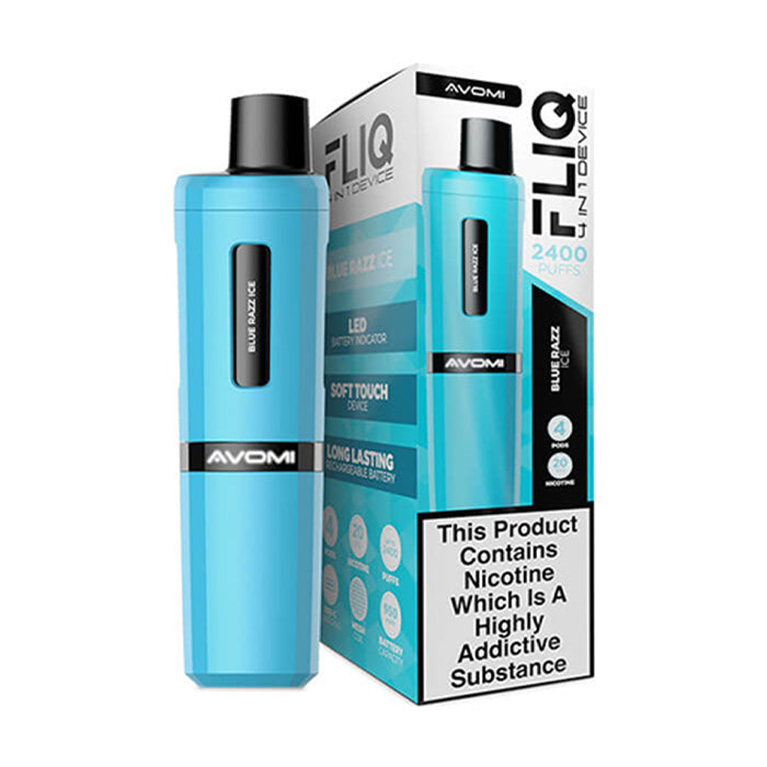 Blue Razz Ice Avomi Fliq 4 in 1 Prefilled Pod Kit and Box