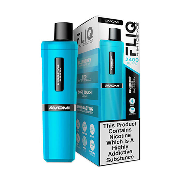 Blueberry Sour Raspberry Avomi Fliq 4 in 1 Prefilled Pod Kit and Box