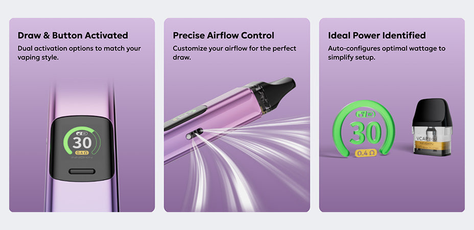 Image showing the Innokin Endura V Pro Pod Vape Kit's Inhale Activation, Airflow Switch and Pod Recognition