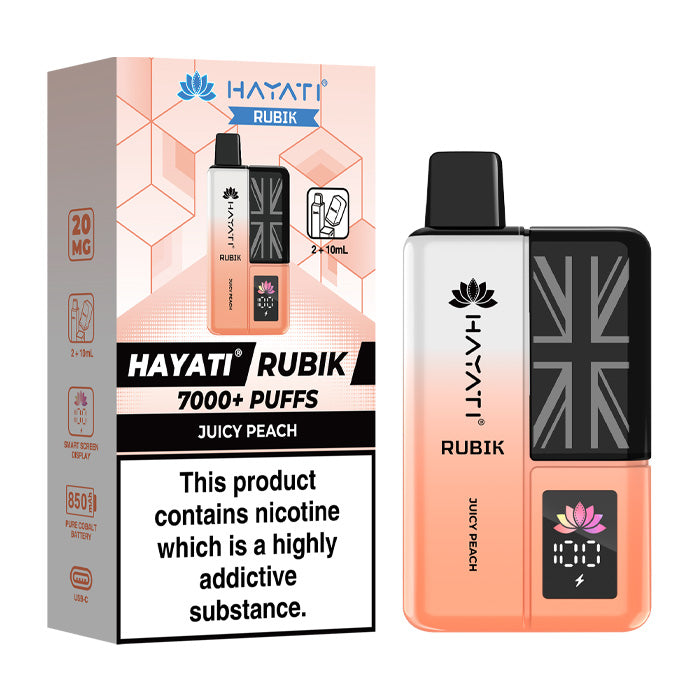 Juicy Peach Hayati Rubik 7000 Prefilled Pod Kit and Box
