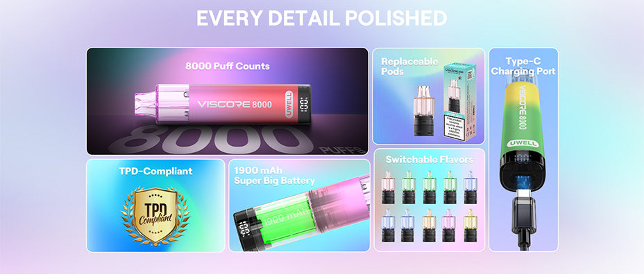 Banner showing the Uwell Viscore 8000 Starter Vape Kit's Key Features