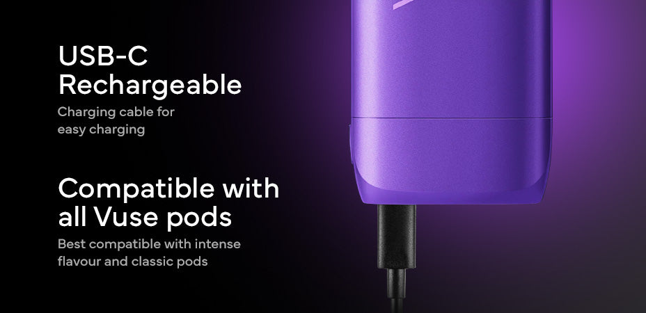 Vuse Go Reload Box charging on a dark background