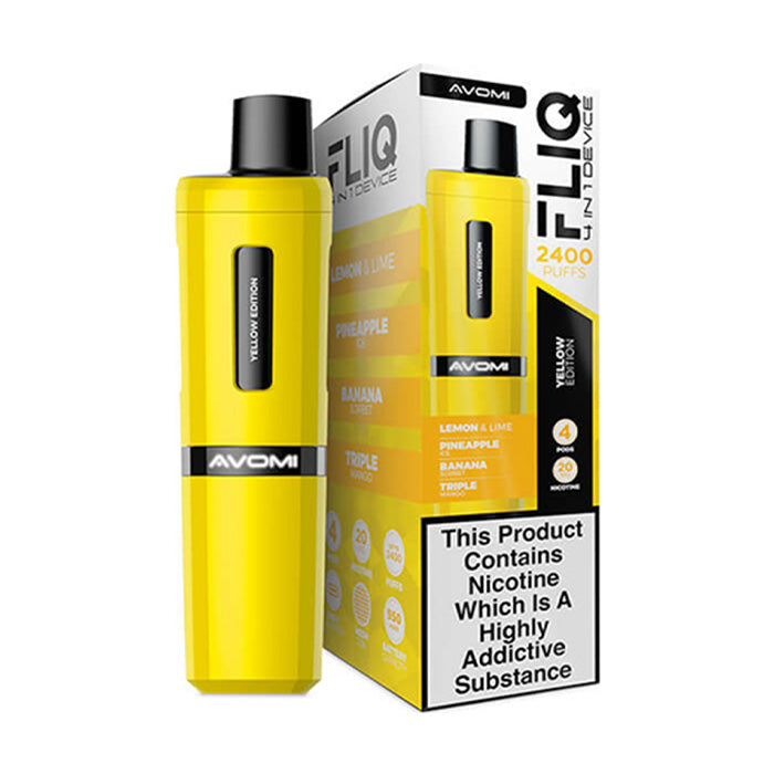 Yellow Edition Avomi Fliq 4 in 1 Prefilled Pod Kit and Box