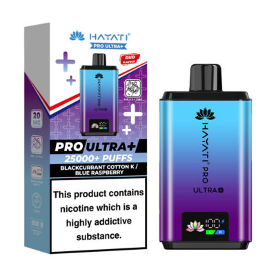 Blackcurrant Cotton K / Blue Raspberry Hayati Pro Ultra Plus Prefilled Vape Kit and Box
