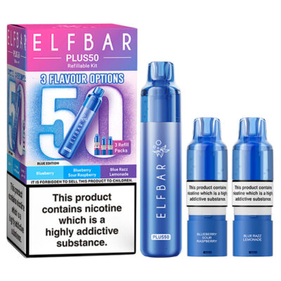 Blue Edition Elf Bar Plus 50 Prefilled Pod Kit and Box