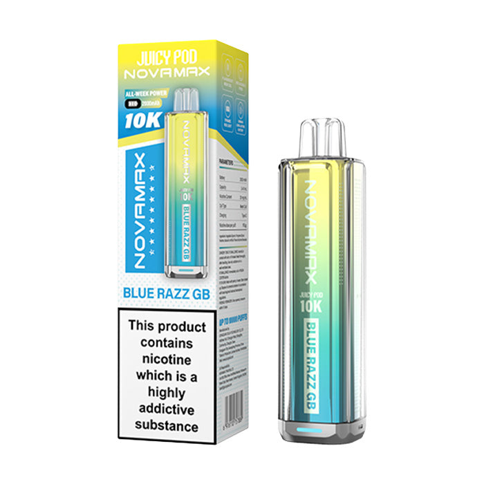 Blue Razz GB Juicy Pod Novamax 10K Prefilled Pod Kit and Box