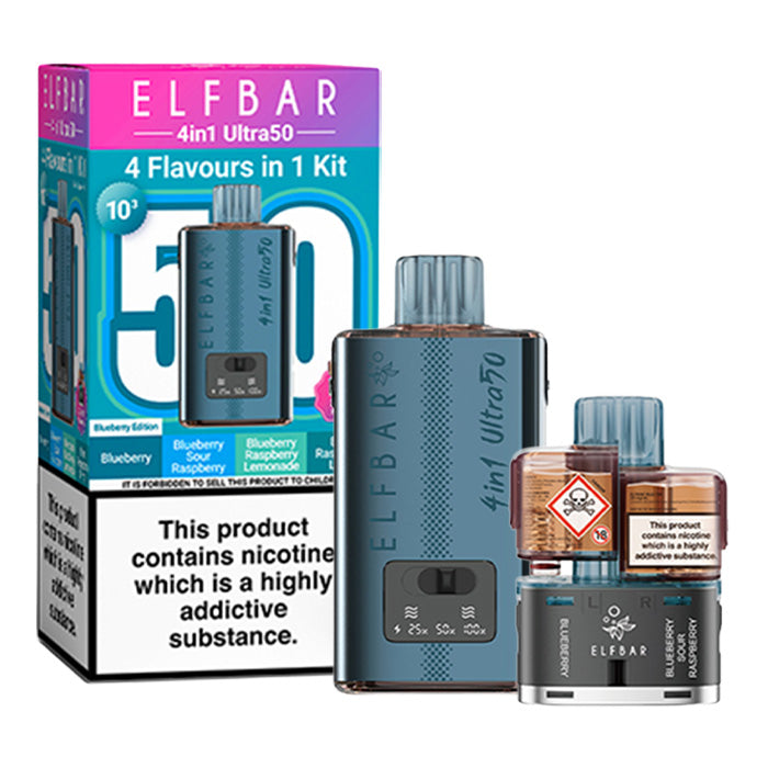 Blueberry Elf Bar 4 in 1 Ultra 50 Prefilled Pod Kit and Box