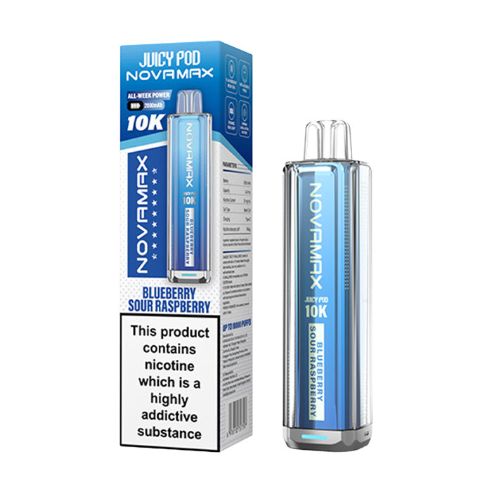 Blue Sour Raspberry Juicy Pod Novamax 10K Prefilled Pod Kit and Box