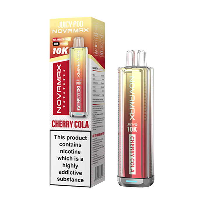 Cherry Cola Juicy Pod Novamax 10K Prefilled Pod Kit and Box