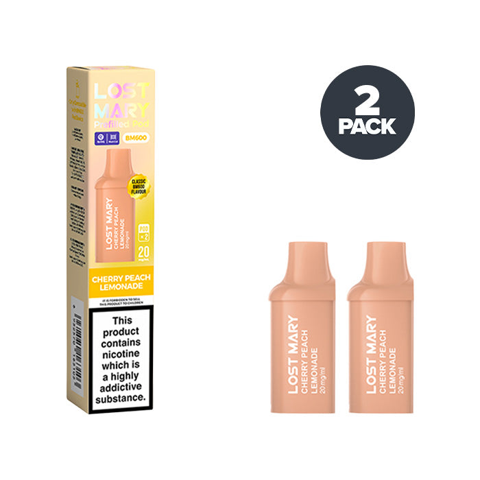 Two Cherry Peach Lemonade Lost Mary BM600 Prefilled Pods with Box