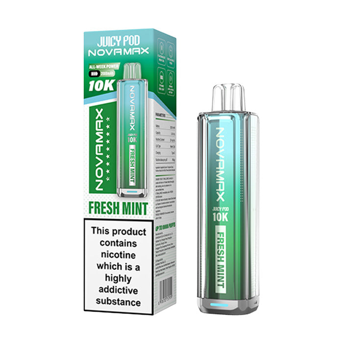 Fresh Mint Juicy Pod Novamax 10K Prefilled Pod Kit and Box