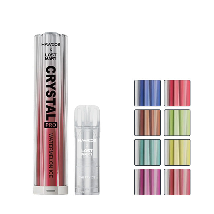 Hawcos x Lost Mary Crystal Pro Vape with eight squares showcasing eight out of the seventeen available flavours