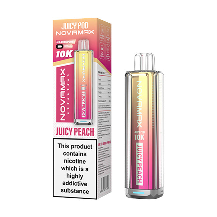 Juicy Peach Juicy Pod Novamax 10K Prefilled Pod Kit and Box