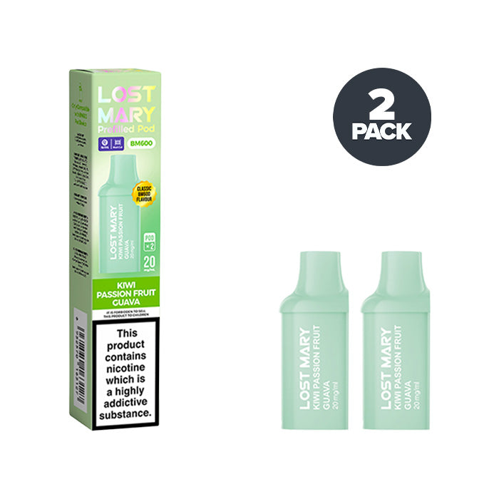 Two Kiwi Passion Fruit Guava Lost Mary BM600 Prefilled Pods with Box