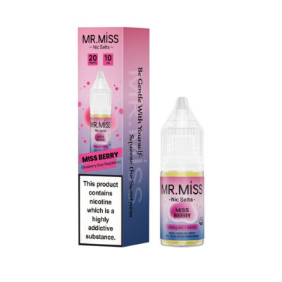 A bottle of Miss Berry 10ml Nic Salt E-Liquid with the box on a white background