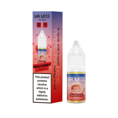 A bottle of Miss Cherry 10ml Nic Salt E-Liquid with the box on a white background