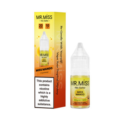 A bottle of Miss Mango 10ml Nic Salt E-Liquid with the box on a white background