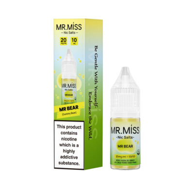 A bottle of Mr Bear 10ml Nic Salt E-Liquid with the box on a white background