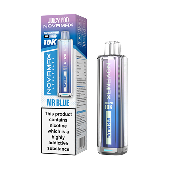 Mr Blue Juicy Pod Novamax 10K Prefilled Pod Kit and Box