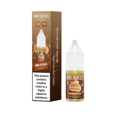 A bottle of Mr Cola 10ml Nic Salt E-Liquid with the box on a white background