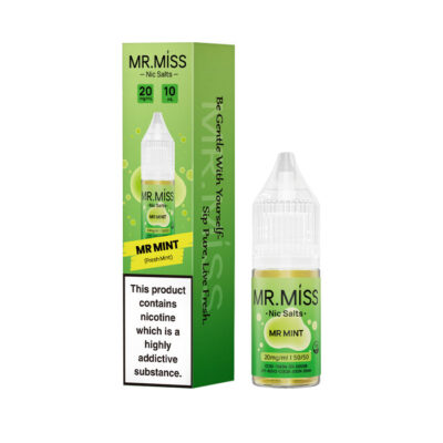A bottle of Mr Mint 10ml Nic Salt E-Liquid with the box on a white background