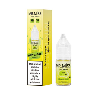 A bottle of Mr Yellow 10ml Nic Salt E-Liquid with the box on a white background