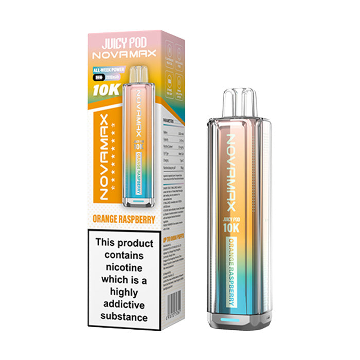 Orange Raspberry Juicy Pod Novamax 10K Prefilled Pod Kit and Box