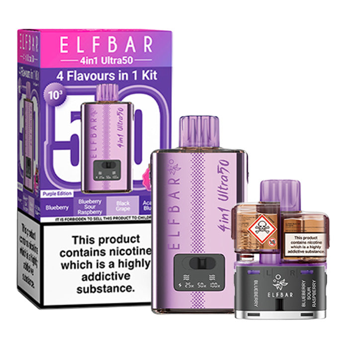 Purple Elf Bar 4 in 1 Ultra 50 Prefilled Pod Kit and Box