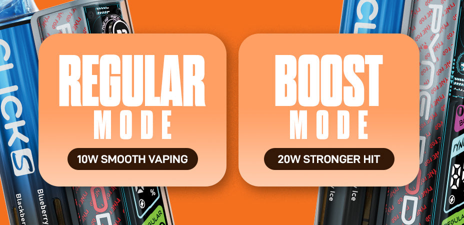 Banner showing the boost and eco modes available on the Pyne Pod Click S 30K Pod Kit