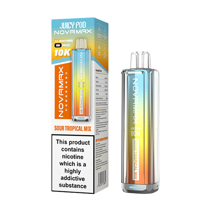 Sour Tropical Mix Juicy Pod Novamax 10K Prefilled Pod Kit and Box