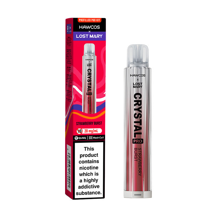 Strawberry Burst Hawcos x Lost Mary Crystal Pro Vape Kit and Box