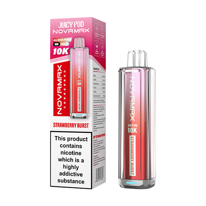 Strawberry Burst Juicy Pod Novamax 10K Prefilled Pod Kit and Box