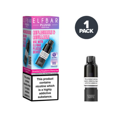 Strawberry Raspberry Cherry Ice Elf Bar Plus 50 Prefilled Pod and Box