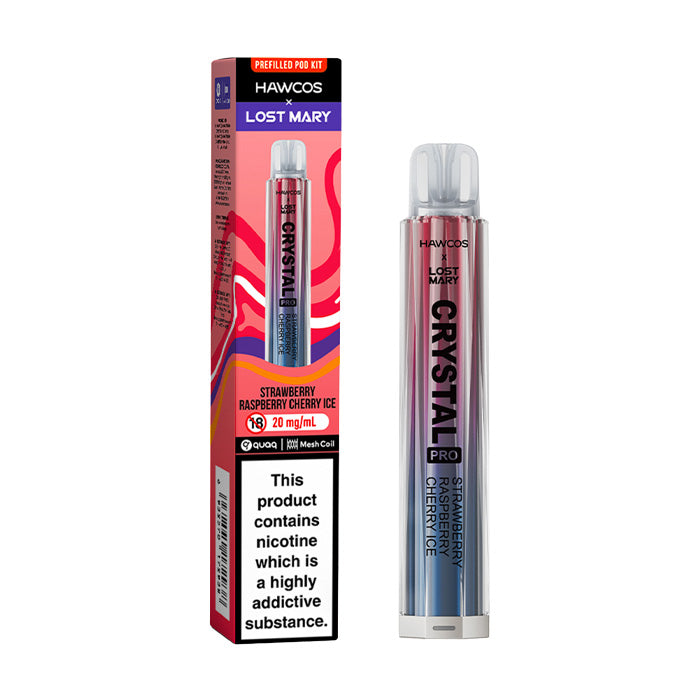 Strawberry Raspberry Cherry Ice Hawcos x Lost Mary Crystal Pro Vape Kit and Box