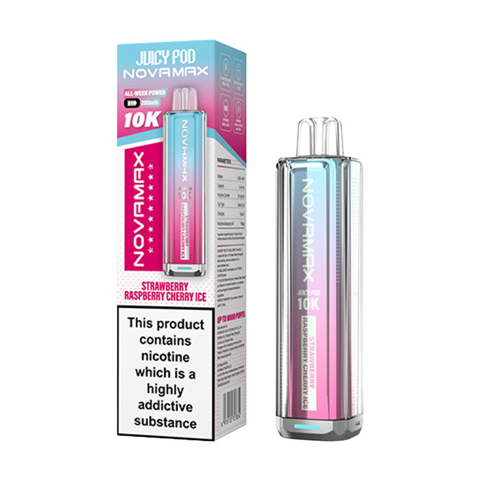 Strawberry Raspberry Cherry Ice Juicy Pod Novamax 10K Prefilled Pod Kit and Box