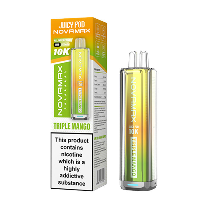 Triple Mango Juicy Pod Novamax 10K Prefilled Pod Kit and Box