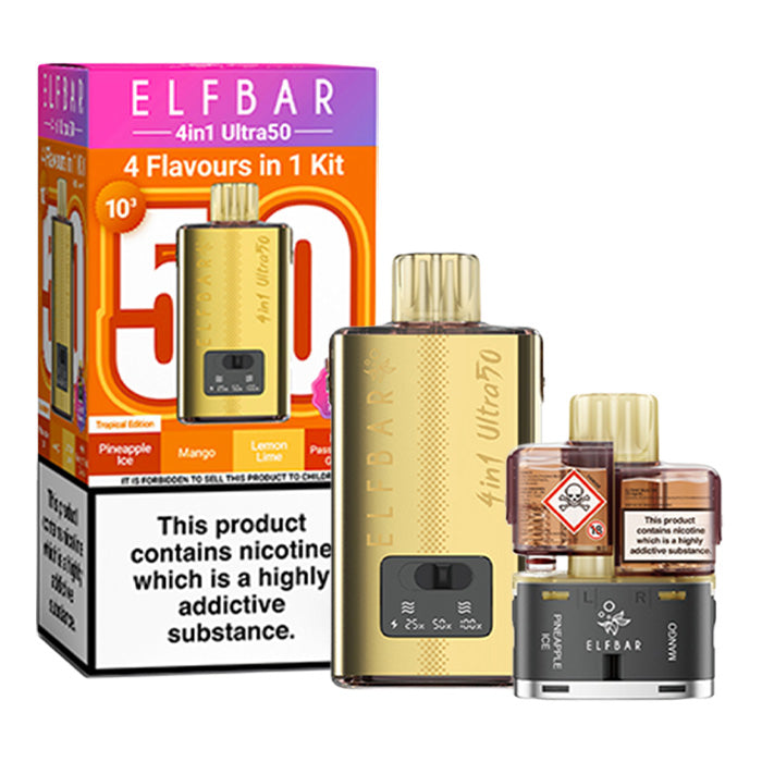 Tropical Edition Elf Bar 4 in 1 Ultra 50 Prefilled Pod Kit and Box