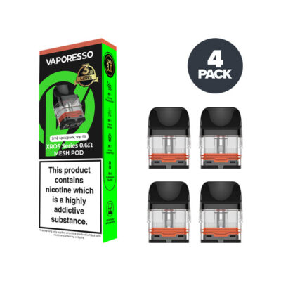 Four Vaporesso Xros Corex 3.0 0.6Ω Pods with a Box