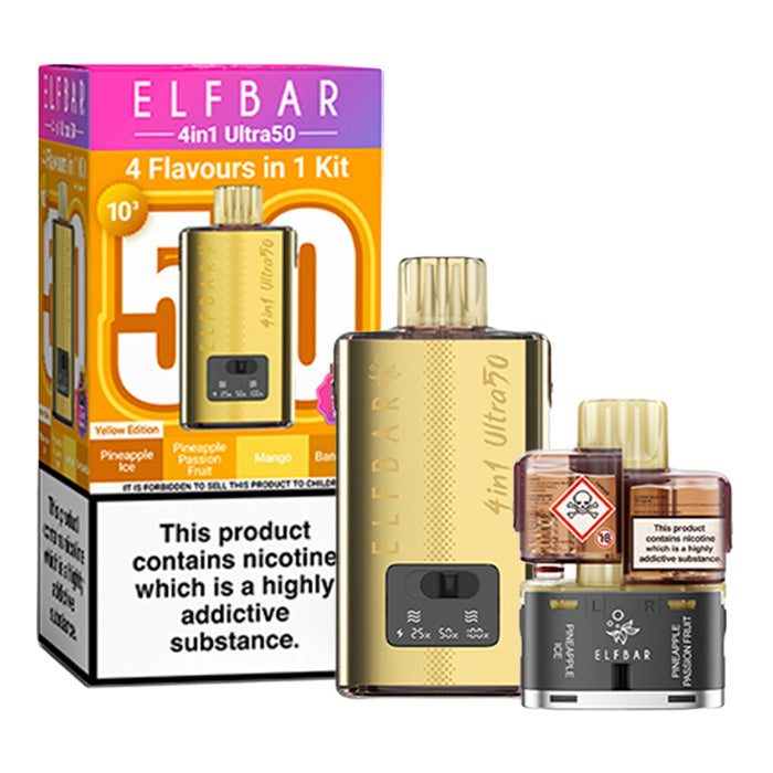 Yellow Edition Elf Bar 4 in 1 Ultra 50 Prefilled Pod Kit and Box